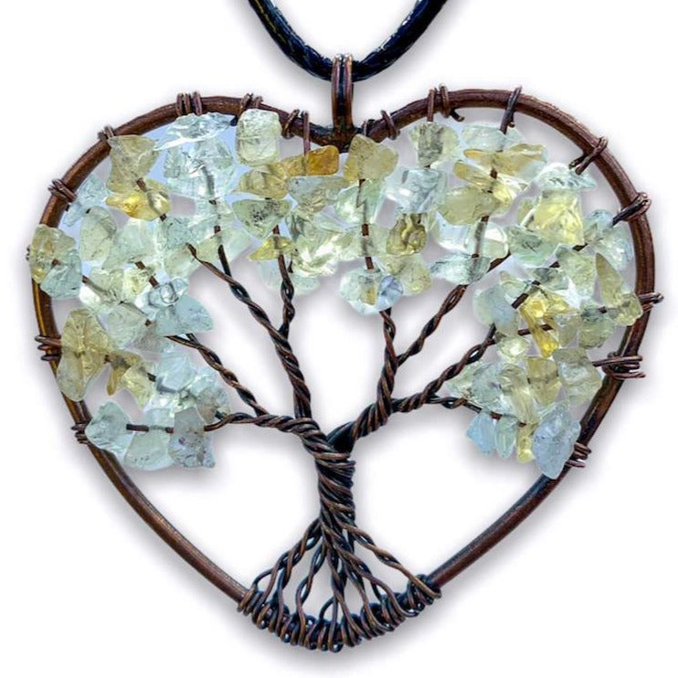 Citrine -Tree-of-Life-Copper-Wire-Heart-Necklace. Looking for Copper Jewelry? Magic Crystals offers handmade Heart Copper Wire Wrapped,  Tree Of Life,  Hematite Pendant Necklace, 7th Anniversary Gift, Yggdrasil Necklace for Him or Her Gift. Heart Gift perfect for any occasion. Heart Necklace With gemstones. Tree of Life made of copper in a pendant necklace.