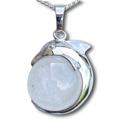   Clear-Quartz-Sphere-Dolphin-Pendant-Necklace. Dolphin Necklace - Elegant Ocean-Themed Jewelry for Women Dolphin Charm Necklace at Magic Crystals. Boho Style Jewelry with Natural Gemstones. Stone Carved Dolphin Necklace Pendant, Beach Surf Ocean Boho Gemstone Whale Fairtrade Gift. These beautiful stone necklaces are all hand carved.