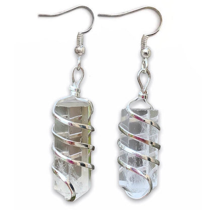 Looking for Gemstone Earrings? Gemstone Jewelry, Natural Gemstone Single-Terminated Gemstone Points wrapped at Magic Crystals. Jewelry: FREE SHIPPING AVAILABLE. Moonstone is best for healing. Spiral Wire Wrapped earring. Wire-wrapped Moonstone Stone dangle earring