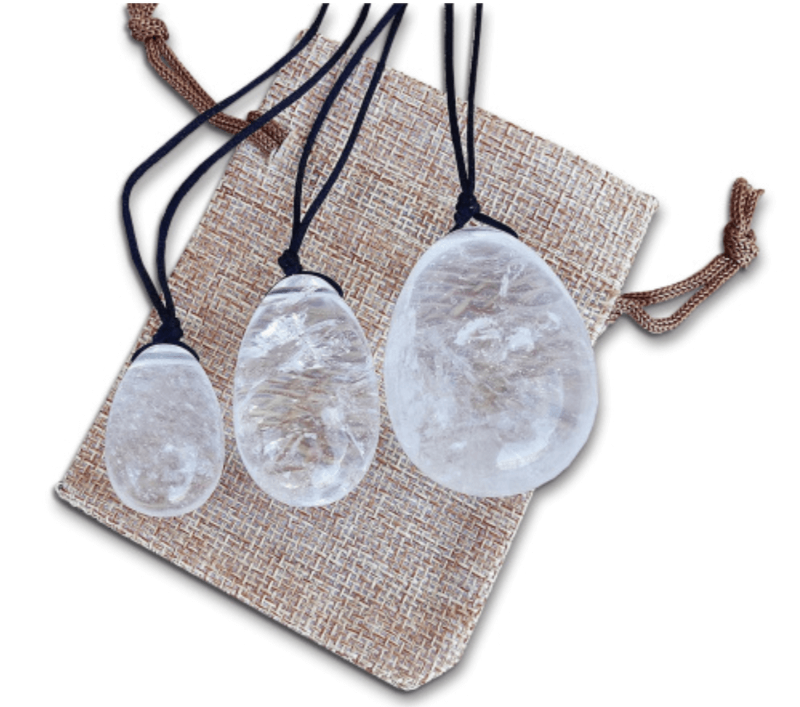 Clear Quartz Yoni Eggs Set. Free Shipping Available. Buy from Magic Crystals . Yoni Eggs 3-pcs Yoni Eggs Certified  jade eggs, Drilled, with String. Yoni Eggs are highly polished semi-precious gemstones carved especially for the female Yoni (vagina). Natural Yoni Eggs Set - Yoni Eggs drilled.