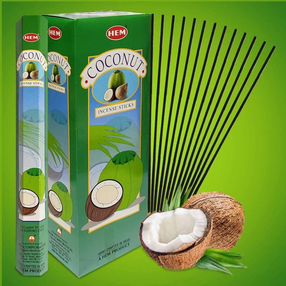 Shop for HEM Coconut Incense Sticks Home Fragrance - Esencia de coco incienso at Magic Crystals. Free Shipping Available. 6 tubes of 20 sticks, 120 sticks total. Quality Incense. Hem is known throughout the world for producing traditional incenses made from quality woods, flowers, resins, and essential oils.