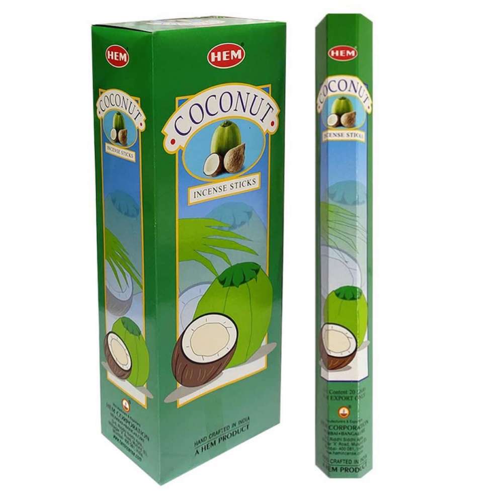 Shop for HEM Coconut Incense Sticks Home Fragrance - Esencia de coco incienso at Magic Crystals. Free Shipping Available. 6 tubes of 20 sticks, 120 sticks total. Quality Incense. Hem is known throughout the world for producing traditional incenses made from quality woods, flowers, resins, and essential oils.