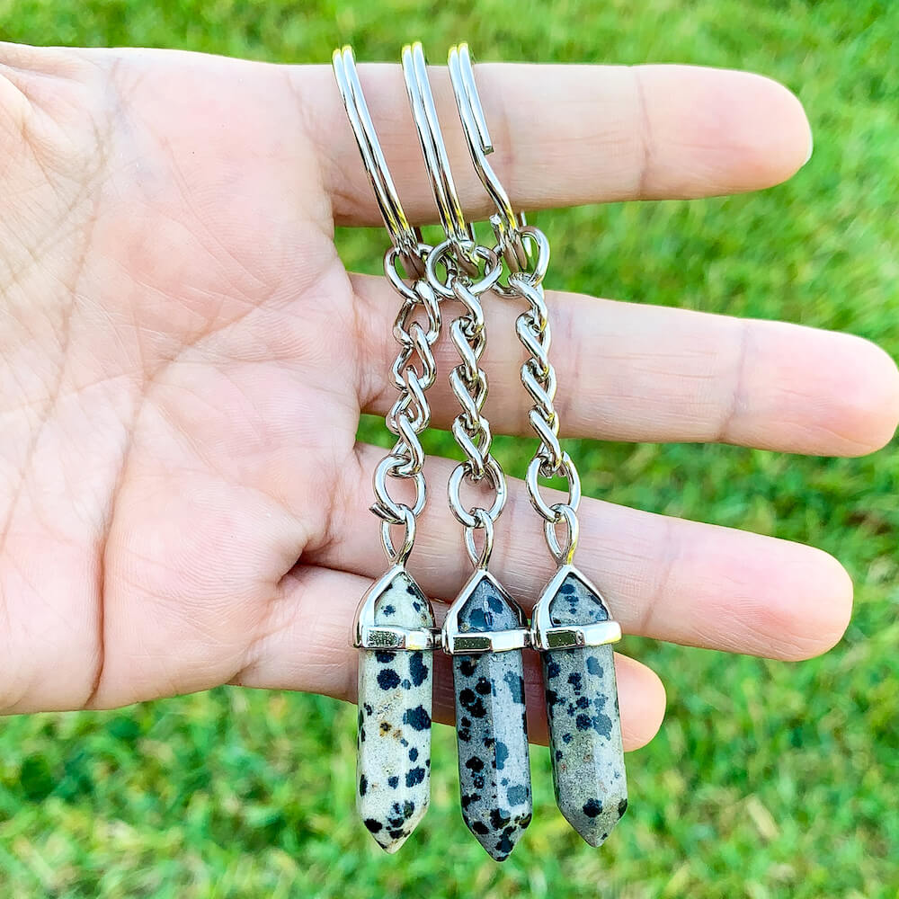 Dalmatian Jasper KEYCHAIN. Shop at Magic Crystals for Crystal Keychain, Pet Collar Charm, Bag Accessory, natural stone, crystal on the go, keychain charm, gift for her and him. FREE SHIPPING available. Dalmatian Jasper Crystal Key Chain, Crystal Keyring, Dalmatian Jasper Crystal Key Holder