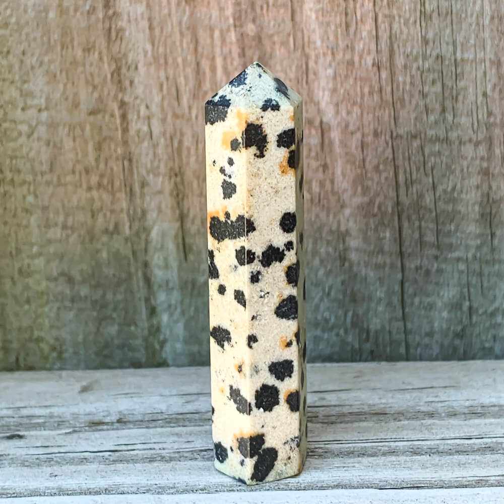 Gemstone Single Point Wand - Dalmatian Jasper Point. Check out our Jewelry points, Healing Crystals, Bohemian Stones, Pointed Gemstone, Natural Stones, crystal tower, pointed stone, healing pencil stone. Single Terminated Gemstone Mix Crystal Pencil Point Stone, Obelisk Healing Crystals ,Mixed Points, Tower Pencil. Mini Crystal Towers.