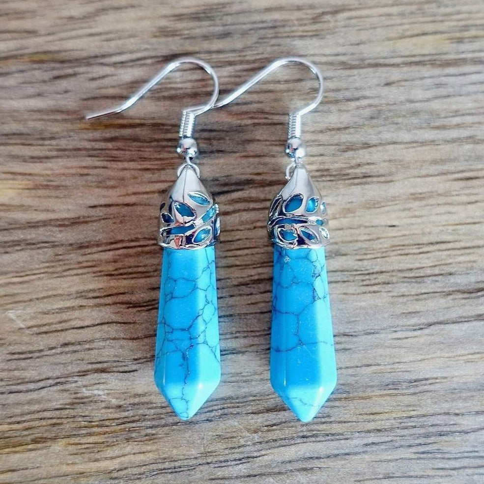 Gemstone Dangling Earrings. Dark Blue Turquoise Dangle-Earrings. Looking Natural Stone Earrings - Dangling Crystal Jewelry? Show Jewelry at Magic Crystals. Natural stone, dangle earrings, and more. Crystal Single Point Earrings, Small Crystal Points, Healing Crystal Earrings, Gemstones, and more. FREE SHIPPING available.