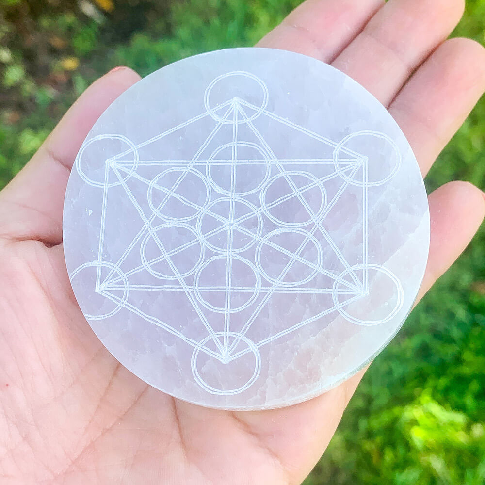 Looking for Engraved Selenite Metraton Cube Charging Plate with Free Shipping? Shop at Magic Crystals for Selenite Flower of Life Ritual plates, Polished Selenite Charging station. Large Heavy Crystal Plate used for Protection Cleansing Meditation Crystal Healing Chakra, Selenite Alter,Selenite Flat Crystal Plate.
