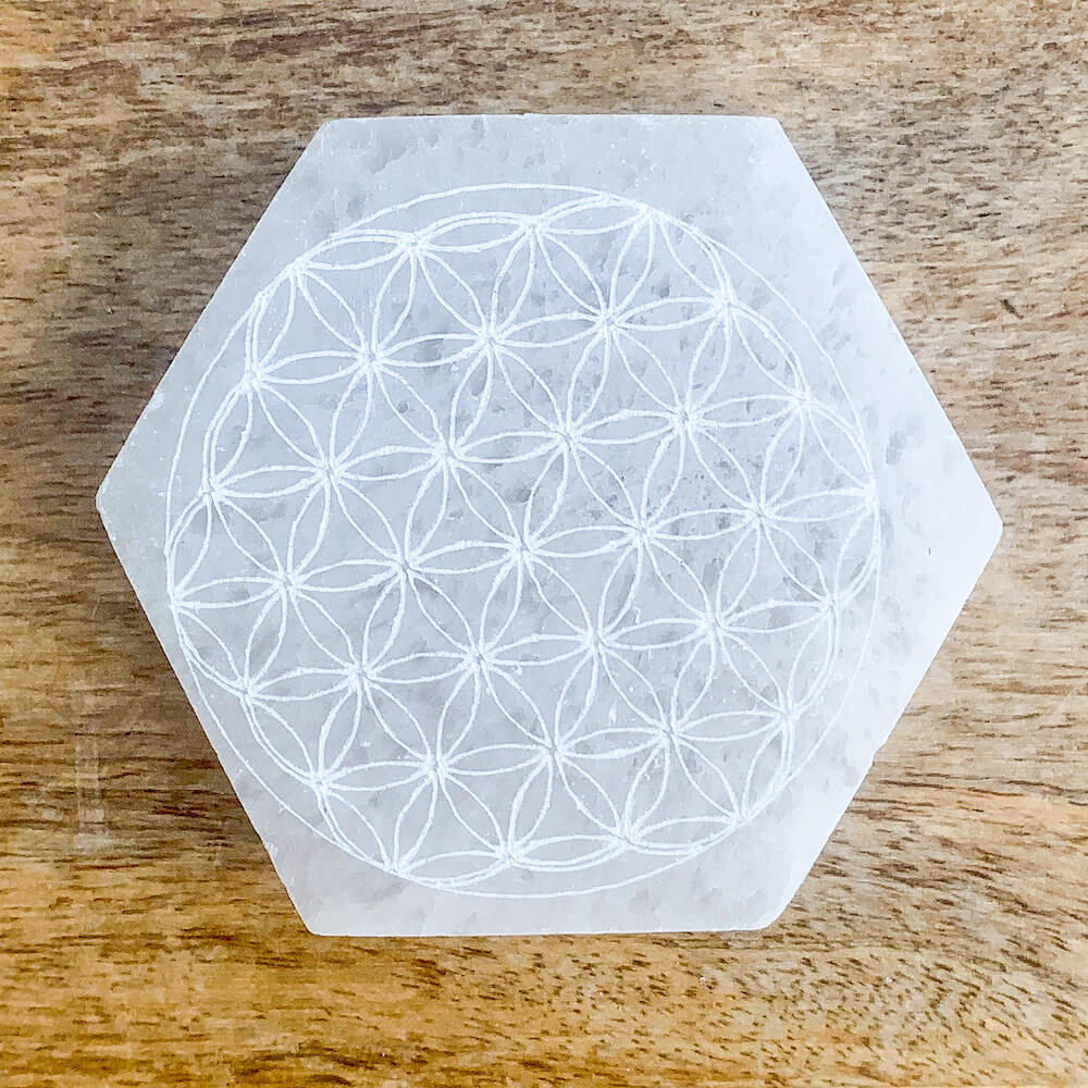 Looking for Engraved Selenite Hexagon Charging Plate with Free Shipping? Shop at Magic Crystals for Selenite Flower of Life Ritual plates, Polished Selenite Charging station. We have Large Heavy Crystal Plate used for Protection Cleansing Meditation Crystal Healing Chakra, Selenite Alter,Selenite Flat Crystal Plate.