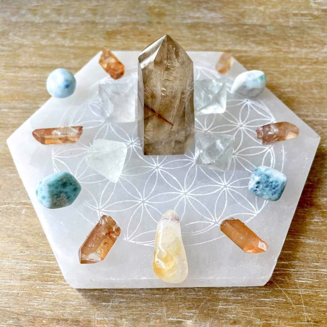 Looking for Engraved Selenite Hexagon Charging Plate with Free Shipping? Shop at Magic Crystals for Selenite Flower of Life Ritual plates, Polished Selenite Charging station. We have Large Heavy Crystal Plate used for Protection Cleansing Meditation Crystal Healing Chakra, Selenite Alter,Selenite Flat Crystal Plate.
