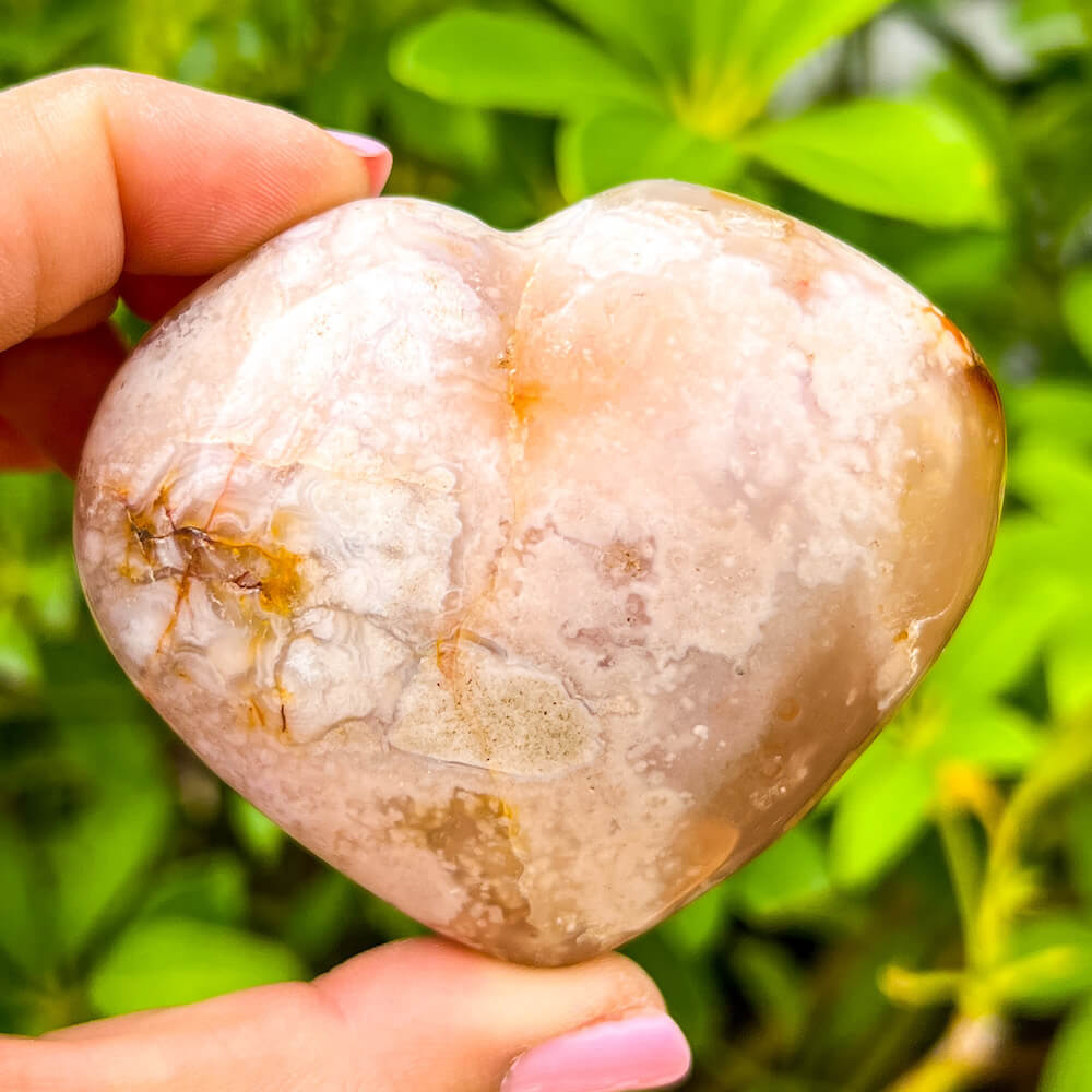 Flower-Agate-Heart. Natural Cherry Blossom - Flower Agate Heart. Gemstone carving. - Heart stone carving.