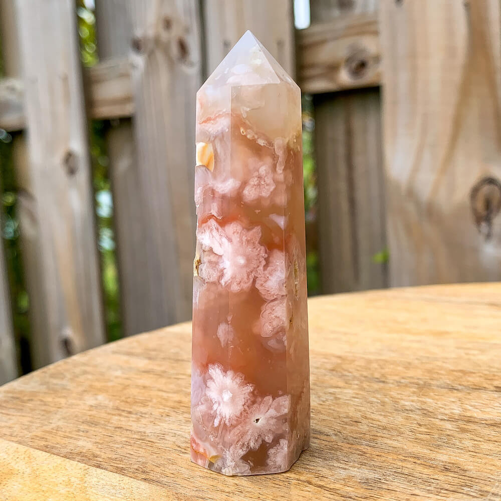 Looking for Flower Agate tower/ Flower agate point/ Agate flower obelisk/ Cherry Blossom Agate point? shop at Magic Crystals for Flower Agate tower with FREE SHIPPING available. Flower agate can be used to re-bloom the feminine side of all persons. GEMSTONE Obelisks. High quality crystals.