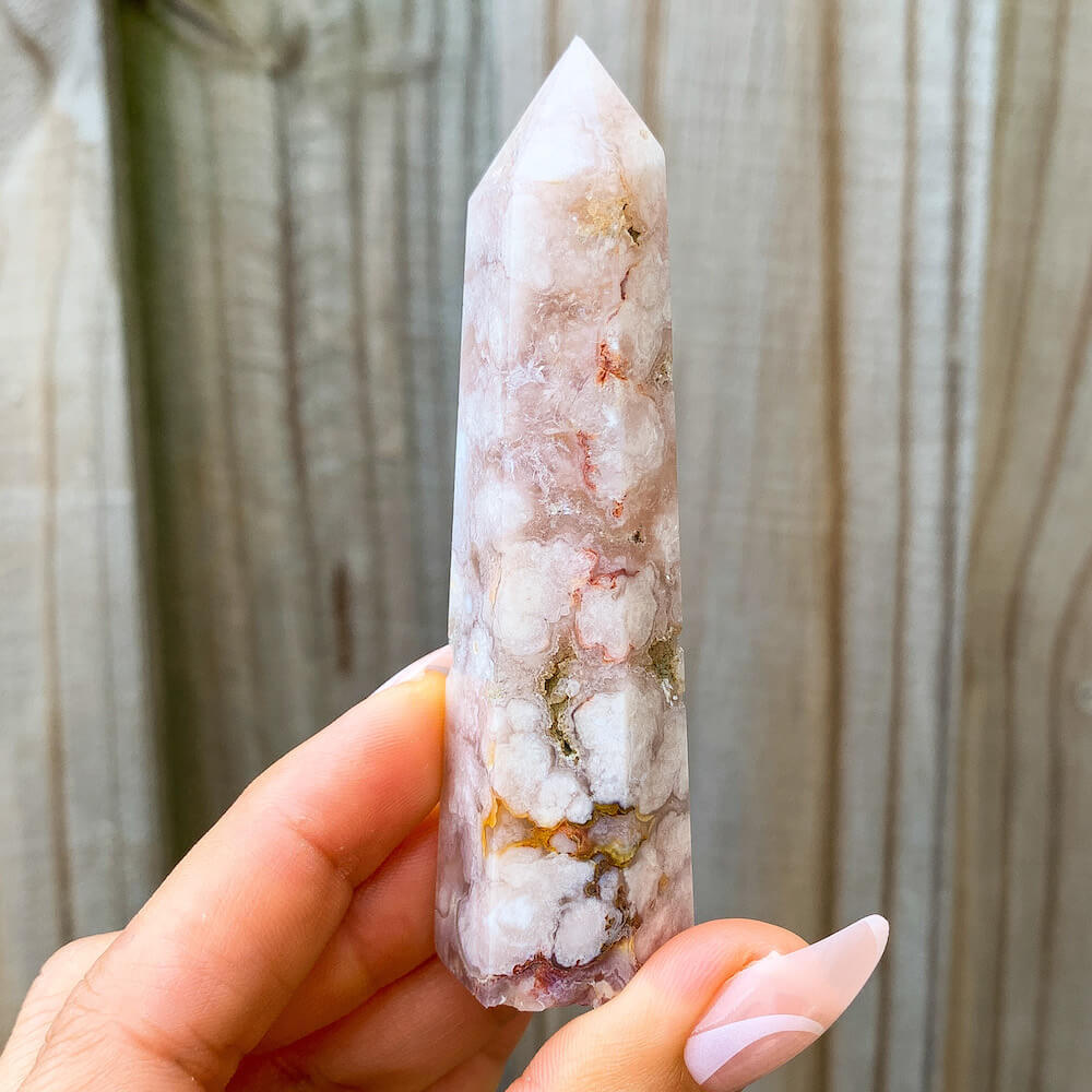Looking for Flower Agate tower/ Flower agate point/ Agate flower obelisk/ Cherry Blossom Agate point? shop at Magic Crystals for Flower Agate tower with FREE SHIPPING available. Flower agate can be used to re-bloom the feminine side of all persons. GEMSTONE Obelisks. High quality crystals.