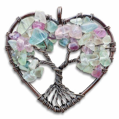 Fluorite-Tree-of-Life-Copper-Wire-Heart-Necklace. Looking for Copper Jewelry? Magic Crystals offers handmade Heart Copper Wire Wrapped,  Tree Of Life,  Hematite Pendant Necklace, 7th Anniversary Gift, Yggdrasil Necklace for Him or Her Gift. Heart Gift perfect for any occasion. Heart Necklace With gemstones. Tree of Life made of copper in a pendant necklace.