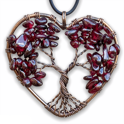 Carnelian -Tree-of-Life-Copper-Wire-Heart-Necklace. Looking for Copper Jewelry? Magic Crystals offers handmade Heart Copper Wire Wrapped,  Tree Of Life,  Hematite Pendant Necklace, 7th Anniversary Gift, Yggdrasil Necklace for Him or Her Gift. Heart Gift perfect for any occasion. Heart Necklace With gemstones. Tree of Life made of copper in a pendant necklace.