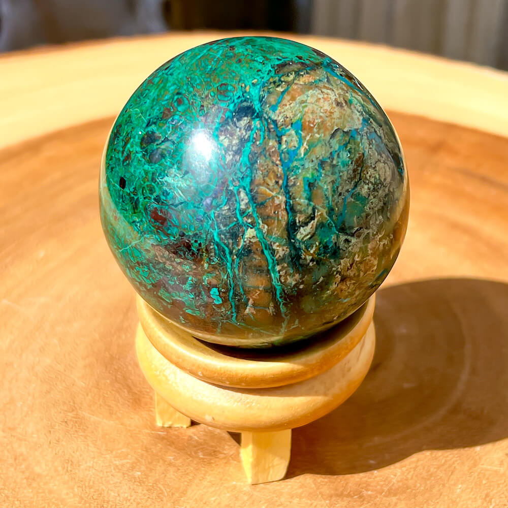 Looking for Genuine Chrysocolla Carving - A? Shop at Magic Crystals for Genuine Malachite on Chrysocolla Sphere - Malachite and Chrysocolla Carved Sphere - Malachite and Chrysocolla from Peru, Chrysocolla polished sphere, Natural Stone Beautiful Quality Polished Malachite, Chrysocolla Gemstone.