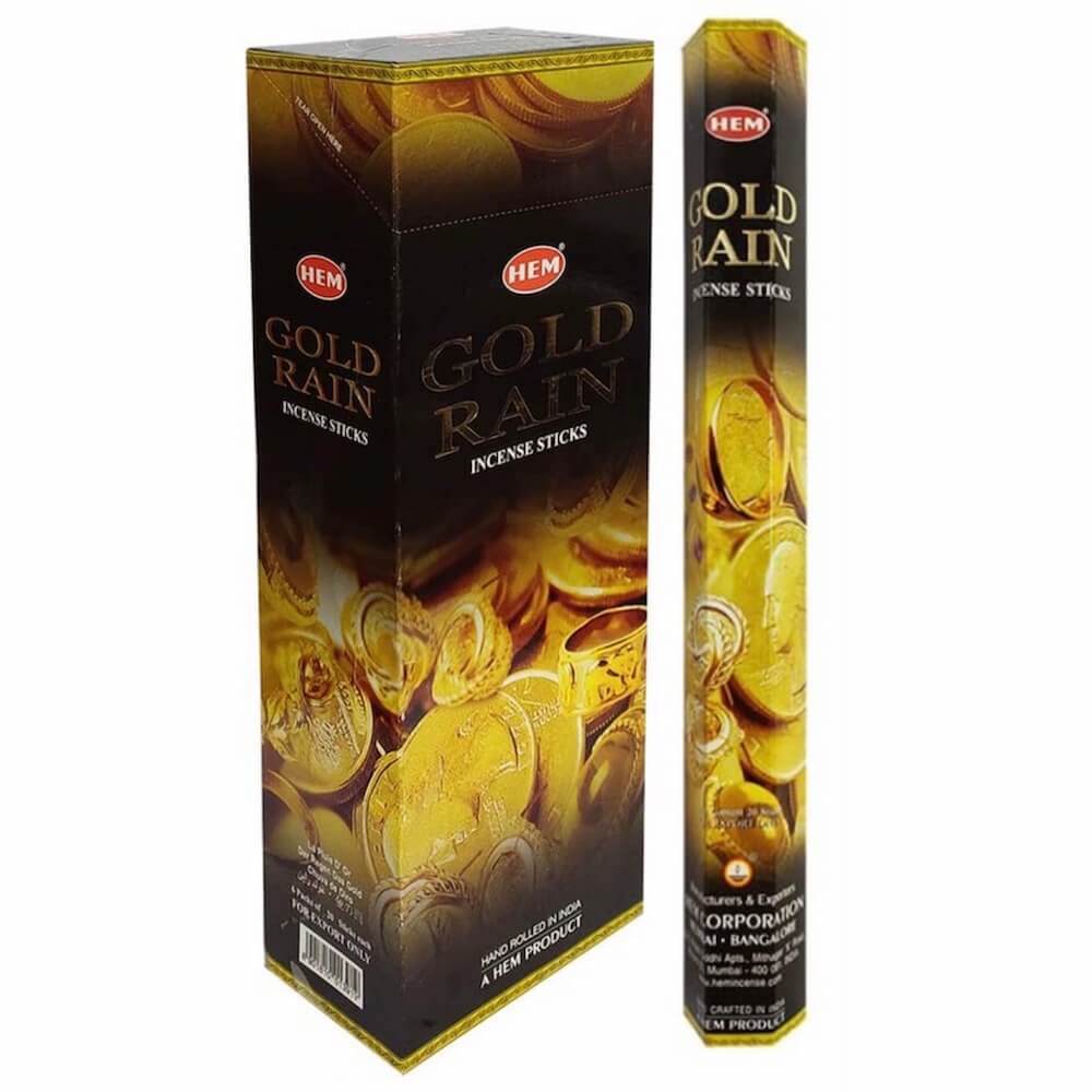 HEM Gold Rain  Incense | HEM Lluvia de Oro Incienso - Magic Crystals. Free Shipping Available. 6 tubes of 20 sticks, 120 sticks total. Quality Incense. Hem is known throughout the world for producing traditional incenses made from quality woods, flowers, resins, and essential oils.