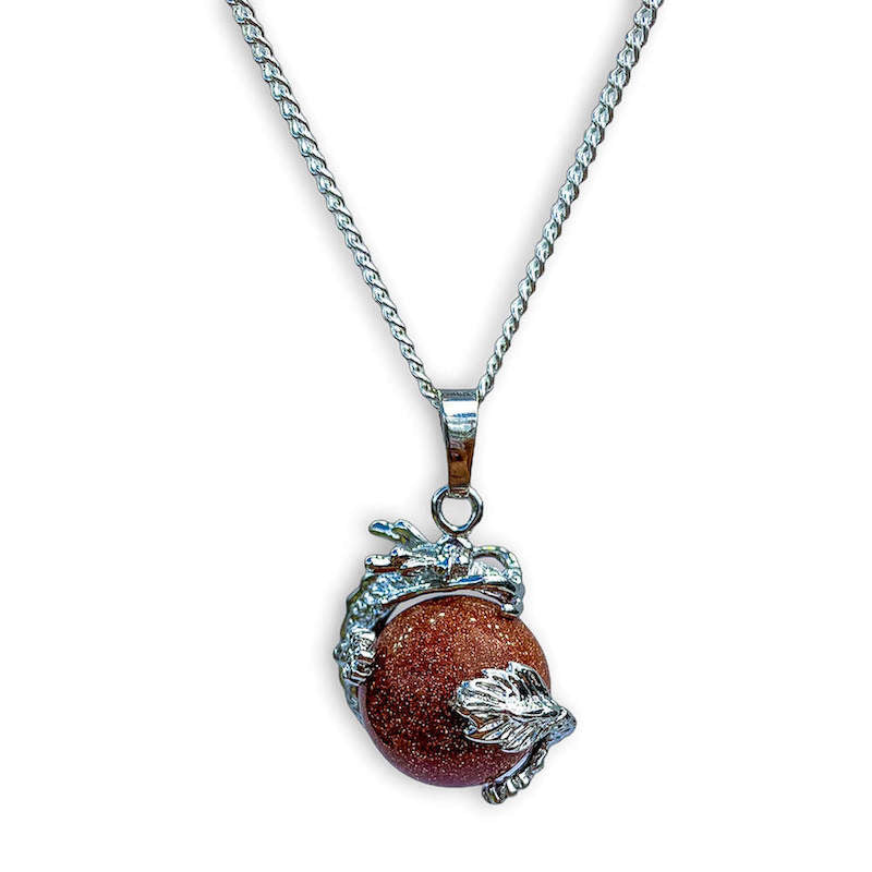 Goldstone Sphere Dragon Pendant Necklace - Dragon Necklace - Magic Crystals