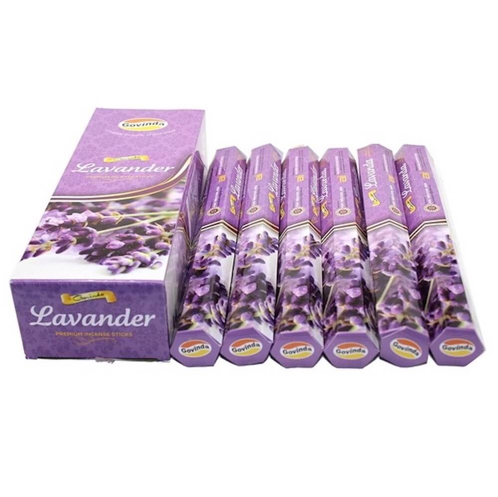 Govinda-Lavender-Incense. 6 tubes of 20 sticks, 120 sticks total. Quality Incense. Govinda is known throughout the world for producing traditional incenses made from quality woods, flowers, resins, and essential oils.  Lavender, Ruda, Sandalwood, white sage and more. Govinda Incense - 120 Sticks Box - Magic Crystals