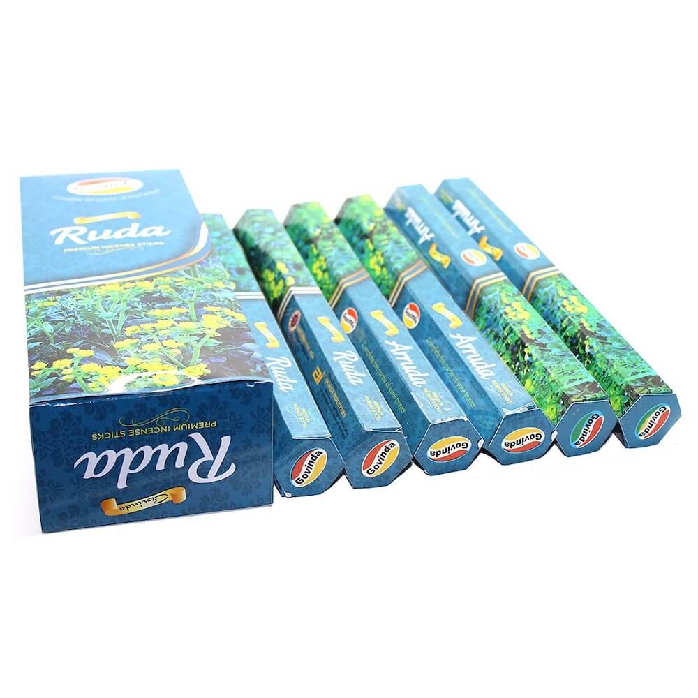 Govinda-Ruda-Incense. 6 tubes of 20 sticks, 120 sticks total. Quality Incense. Govinda is known throughout the world for producing traditional incenses made from quality woods, flowers, resins, and essential oils.  Lavender, Ruda, Sandalwood, white sage and more. Govinda Incense - 120 Sticks Box - Magic Crystals
