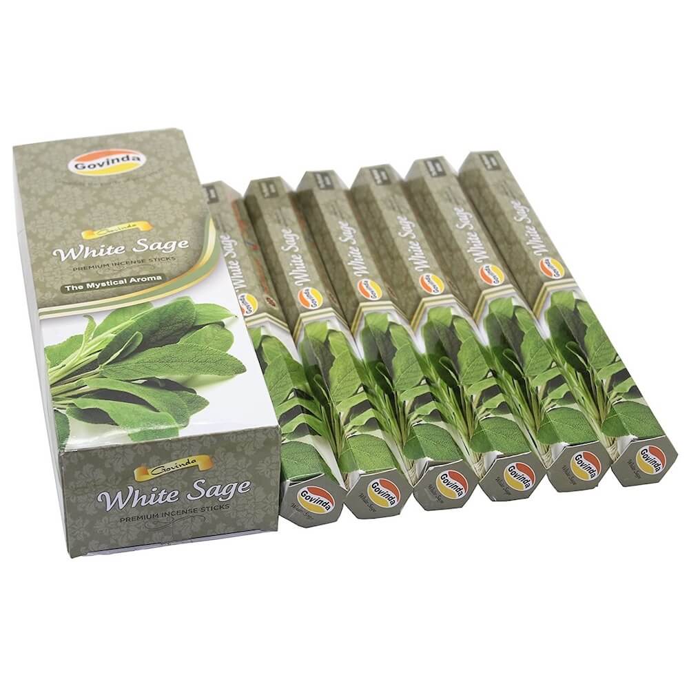 Govinda-White-Sage-Incense. 6 tubes of 20 sticks, 120 sticks total. Quality Incense. Govinda is known throughout the world for producing traditional incenses made from quality woods, flowers, resins, and essential oils. Lavender, Ruda, Sandalwood, white sage and more. Govinda Incense - 120 Sticks Box - Magic Crystals