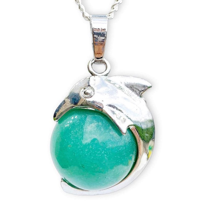   Green-Aventurine--Sphere-Dolphin-Pendant-Necklace. Dolphin Necklace - Elegant Ocean-Themed Jewelry for Women Dolphin Charm Necklace at Magic Crystals. Boho Style Jewelry with Natural Gemstones. Stone Carved Dolphin Necklace Pendant, Beach Surf Ocean Boho Gemstone Whale Fairtrade Gift. These beautiful stone necklaces are all hand carved.