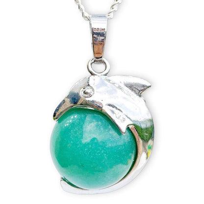    Green-Aventurine--Sphere-Dolphin-Pendant-Necklace. Dolphin Necklace - Elegant Ocean-Themed Jewelry for Women Dolphin Charm Necklace at Magic Crystals. Boho Style Jewelry with Natural Gemstones. Stone Carved Dolphin Necklace Pendant, Beach Surf Ocean Boho Gemstone Whale Fairtrade Gift. These beautiful stone necklaces are all hand carved.