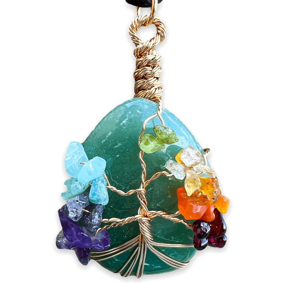    Green-Aventurine-Tree-Of-Life-Chakra-Necklace. Looking for a gift for mother/her, tree of life necklace, stone necklace, pendant? Shop at Magic Crystals for a 7 Chakra Tree Of Life Drop Necklace. 7 Chakra necklaces, and seven chakras jewelry pieces. Handmade Natural Amethyst Crystal. Amethyst Drop shape, teardrop, Protection Necklaces. 