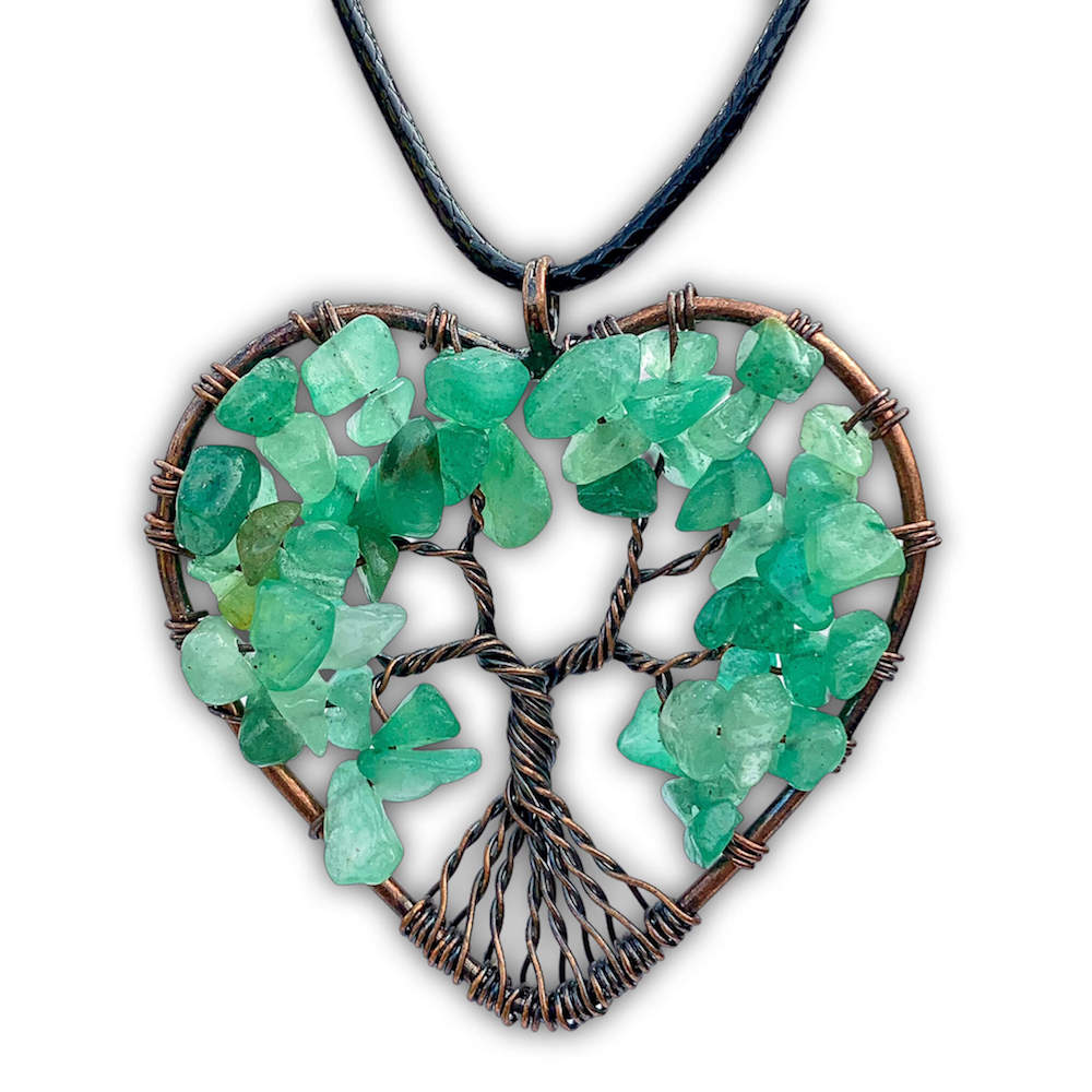    Green-Aventurine-Tree-of-Life-Copper-Wire-Heart-Necklace. Looking for Copper Jewelry? Magic Crystals offers handmade Heart Copper Wire Wrapped,  Tree Of Life,  Hematite Pendant Necklace, 7th Anniversary Gift, Yggdrasil Necklace for Him or Her Gift. Heart Gift perfect for any occasion. Heart Necklace With gemstones. Tree of Life made of copper in a pendant necklace.