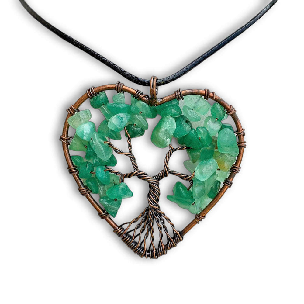    Green-Aventurine-Tree-of-Life-Copper-Wire-Heart-Necklace. Looking for Copper Jewelry? Magic Crystals offers handmade Heart Copper Wire Wrapped,  Tree Of Life,  Hematite Pendant Necklace, 7th Anniversary Gift, Yggdrasil Necklace for Him or Her Gift. Heart Gift perfect for any occasion. Heart Necklace With gemstones. Tree of Life made of copper in a pendant necklace.
