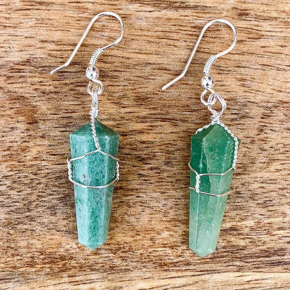 Looking for a Unique Green Aventurine Stone Double Point Earring? Find Natural Green Aventurine earrings. Green Aventurine Jewelry when you shop at Magic Crystals. Natural Green Aventurine Crystal Healing wired-wrapped earrings. Green Aventurine crystal point dangle earrings
