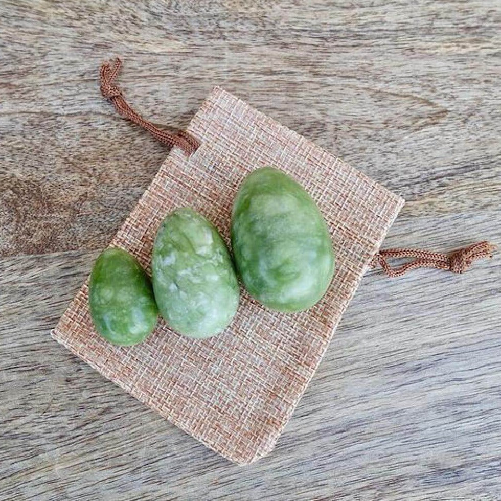 Green Jade Yoni Eggs Set. Free Shipping Available. Buy from Magic Crystals . Yoni Eggs 3-pcs Yoni Eggs Certified  jade eggs, Drilled, with String. Yoni Eggs are highly polished semi-precious gemstones carved especially for the female Yoni (vagina). Natural Yoni Eggs Set - Yoni Eggs drilled.