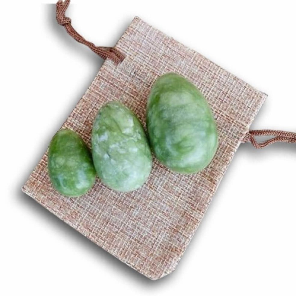 Green Jade Yoni Eggs Set. Free Shipping Available. Buy from Magic Crystals . Yoni Eggs 3-pcs Yoni Eggs Certified  jade eggs, Drilled, with String. Yoni Eggs are highly polished semi-precious gemstones carved especially for the female Yoni (vagina). Natural Yoni Eggs Set - Yoni Eggs drilled.