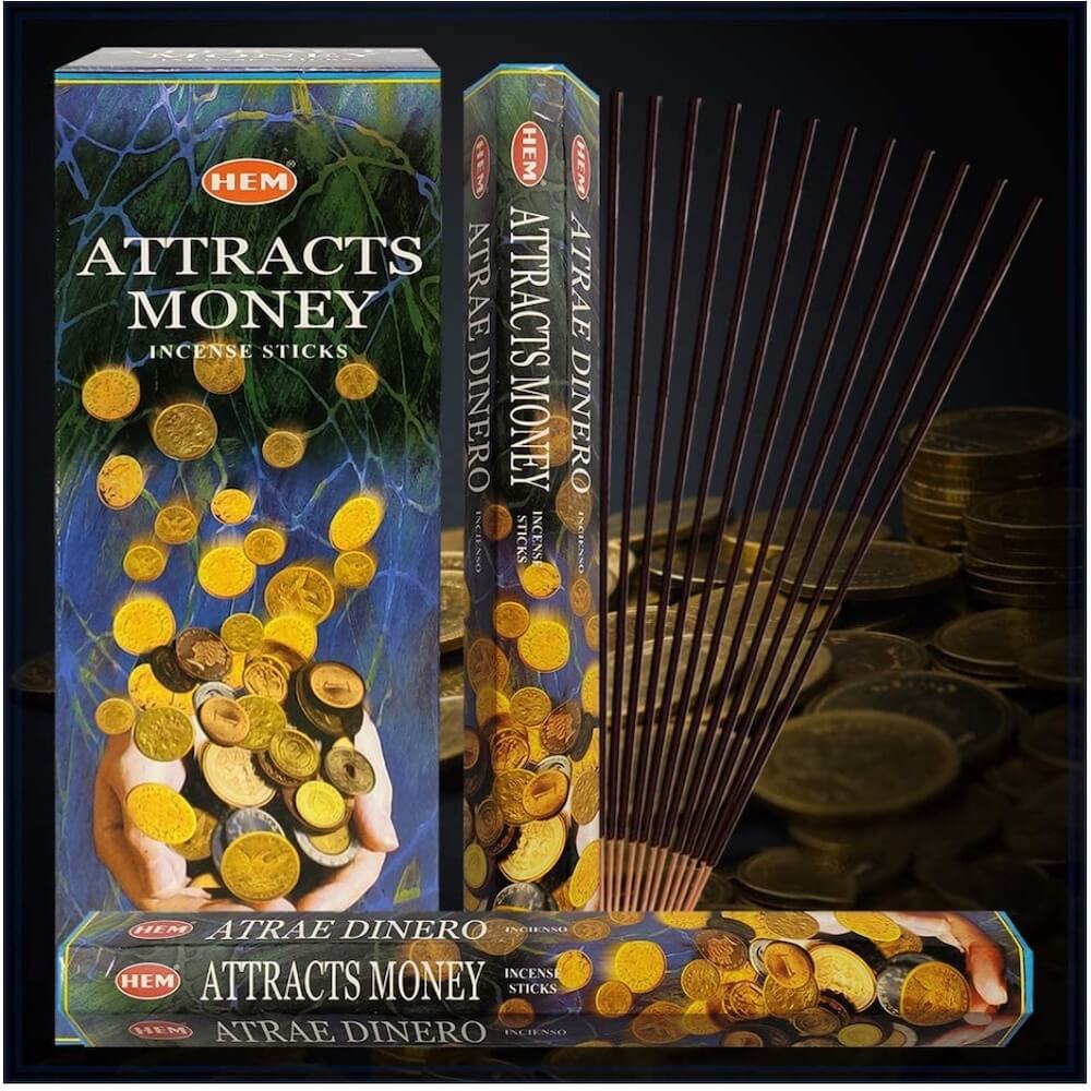 Shop for HEM Attracts Money Incense Sticks Home Scent, Atrae Dinero Incense at Magic Crystals. Free Shipping Available. 6 tubes of 20 sticks, 120 sticks total. Quality Incense. Hem is known throughout the world for producing traditional incenses made from quality woods, flowers, resins, and essential oils.