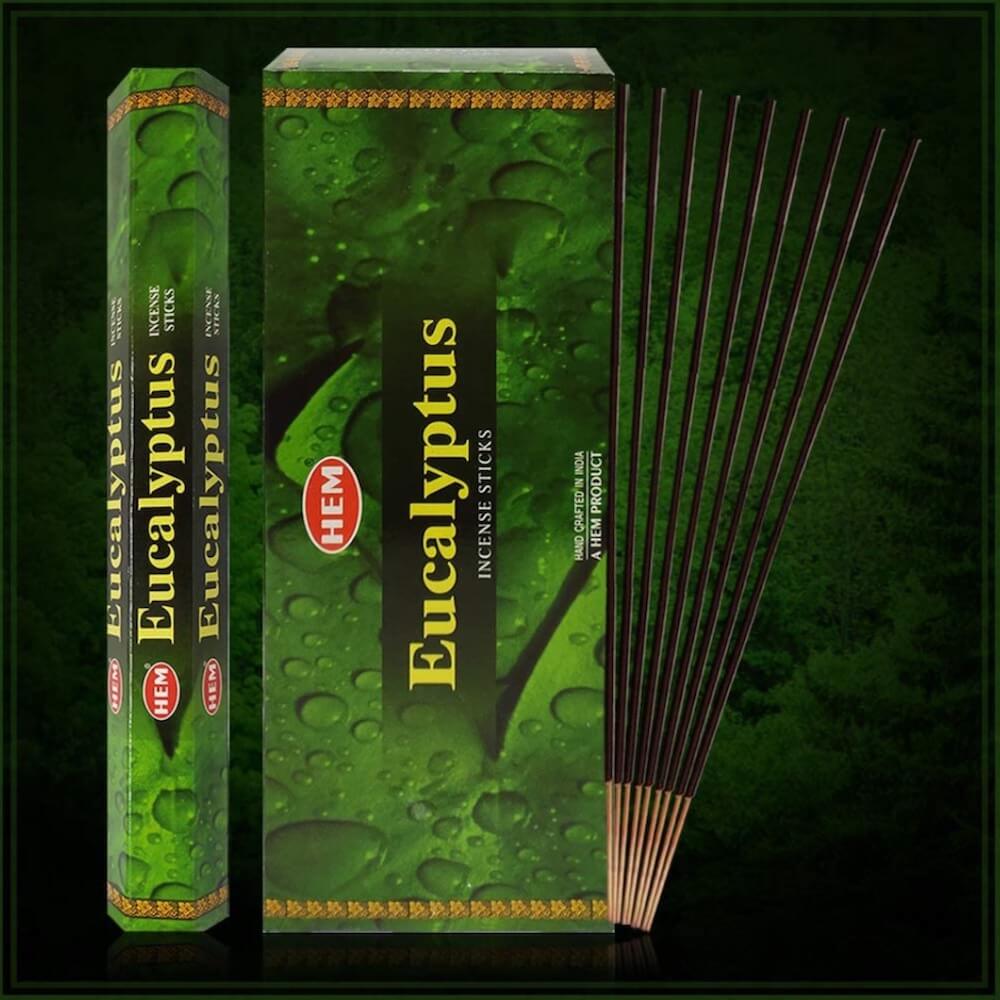 Free Shipping Available. Shop for Hem Eucalyptus Incense Sticks Natural Fragrance - Incienso eucalipto at Magic Crystals. 6 tubes of 20 sticks, 120 sticks total. Quality Incense. Hem is known throughout the world for producing traditional incenses made from quality woods, flowers, resins, and essential oils.