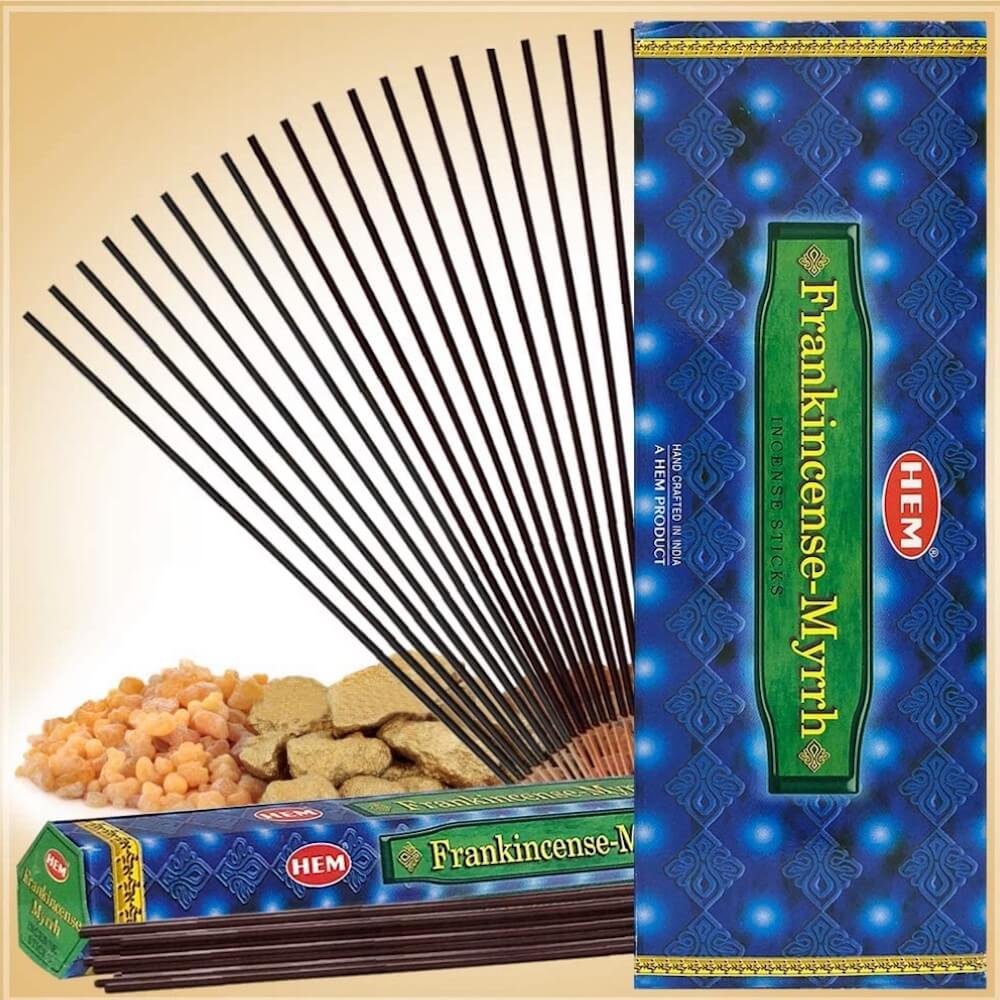 Shop for HEM Frankincense & Myrrh Incense Sticks Natural Odor - Incienso y mirra - Magic Crystals. Free Shipping Available. 6 tubes of 20 sticks, 120 sticks total. Quality Incense. Hem is known throughout the world for producing traditional incenses made from quality woods, flowers, resins, and essential oils.