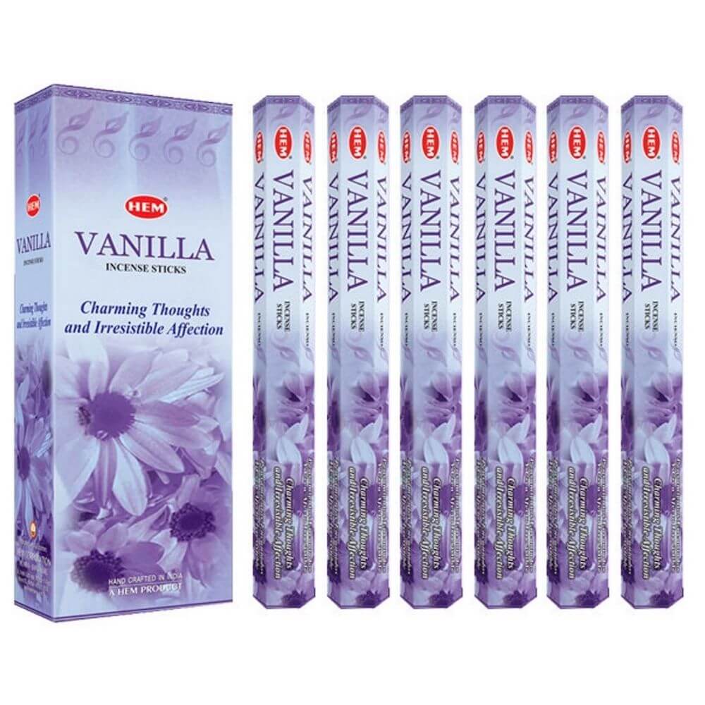 HEM Vanilla Incense | HEM Vainilla Incienso - Magic Crystals. Free Shipping Available. 6 tubes of 20 sticks, 120 sticks total. Quality Incense. Hem is known throughout the world for producing traditional incenses made from quality woods, flowers, resins, and essential oils.