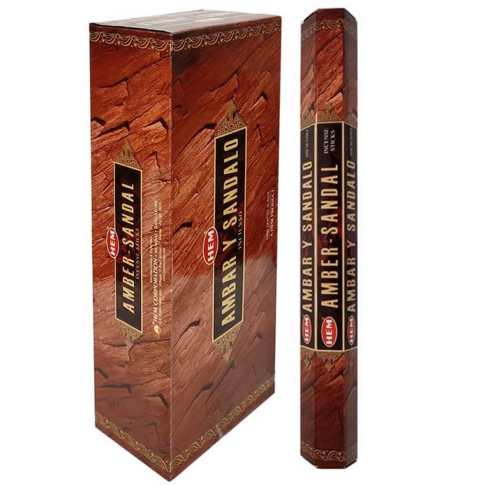 HEM Amber & Sandal Incense | Ambar y Sandalo Incienso - Magic Crystals. Free Shipping Available. 6 tubes of 20 sticks, 120 sticks total. Quality Incense. Hem is known throughout the world for producing traditional incenses made from quality woods, flowers, resins, and essential oils.