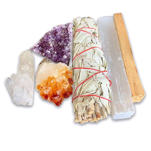 Looking for a cleansing kit to bless your home? Shop at Magic Crystals Bundle for Home Blessings Set! Cleansing Crystals include selenite, citrine, amethyst, clear quartz, and Sage. This Kit is the perfect gift for Her. Sage is great when moving to a new home. Palo Santo has amazing spiritual and emotional healing.