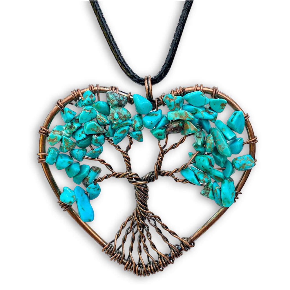    Howlite-Blue-Turquoise-Tree-of-Life-Copper-Wire-Heart-Necklace. Looking for Copper Jewelry? Magic Crystals offers handmade Heart Copper Wire Wrapped,  Tree Of Life,  Hematite Pendant Necklace, 7th Anniversary Gift, Yggdrasil Necklace for Him or Her Gift. Heart Gift perfect for any occasion. Heart Necklace With gemstones. Tree of Life made of copper in a pendant necklace.