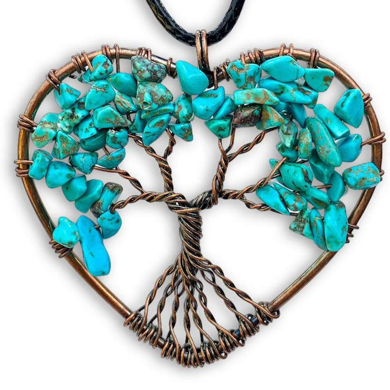    Howlite-Blue-Turquoise-Tree-of-Life-Copper-Wire-Heart-Necklace. Looking for Copper Jewelry? Magic Crystals offers handmade Heart Copper Wire Wrapped,  Tree Of Life,  Hematite Pendant Necklace, 7th Anniversary Gift, Yggdrasil Necklace for Him or Her Gift. Heart Gift perfect for any occasion. Heart Necklace With gemstones. Tree of Life made of copper in a pendant necklace.