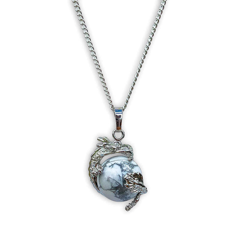 Howlite Sphere Dragon Pendant Necklace - Dragon Necklace - Magic Crystals