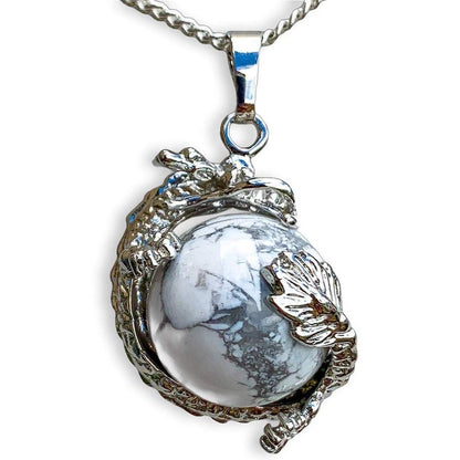 Howlite Sphere Dragon Pendant Necklace - Dragon Necklace - Magic Crystals