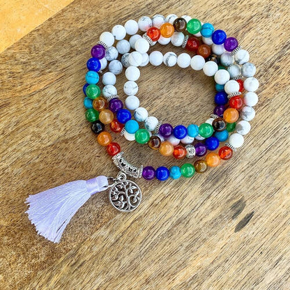 Howlite--7-Chakra-Prayer-Necklace. Shop beautiful hand crafted Seven Chakra Payer Mala Beads Necklace, Chakra Jewelry. High quality Prayer Beads Necklace at Magic Crystals. Magiccrystals.com Inspiring People To Practice Yoga and Meditation. Check out our Mala Necklaces Collection. Mala beads are a string of beads that are used in a meditation practice.