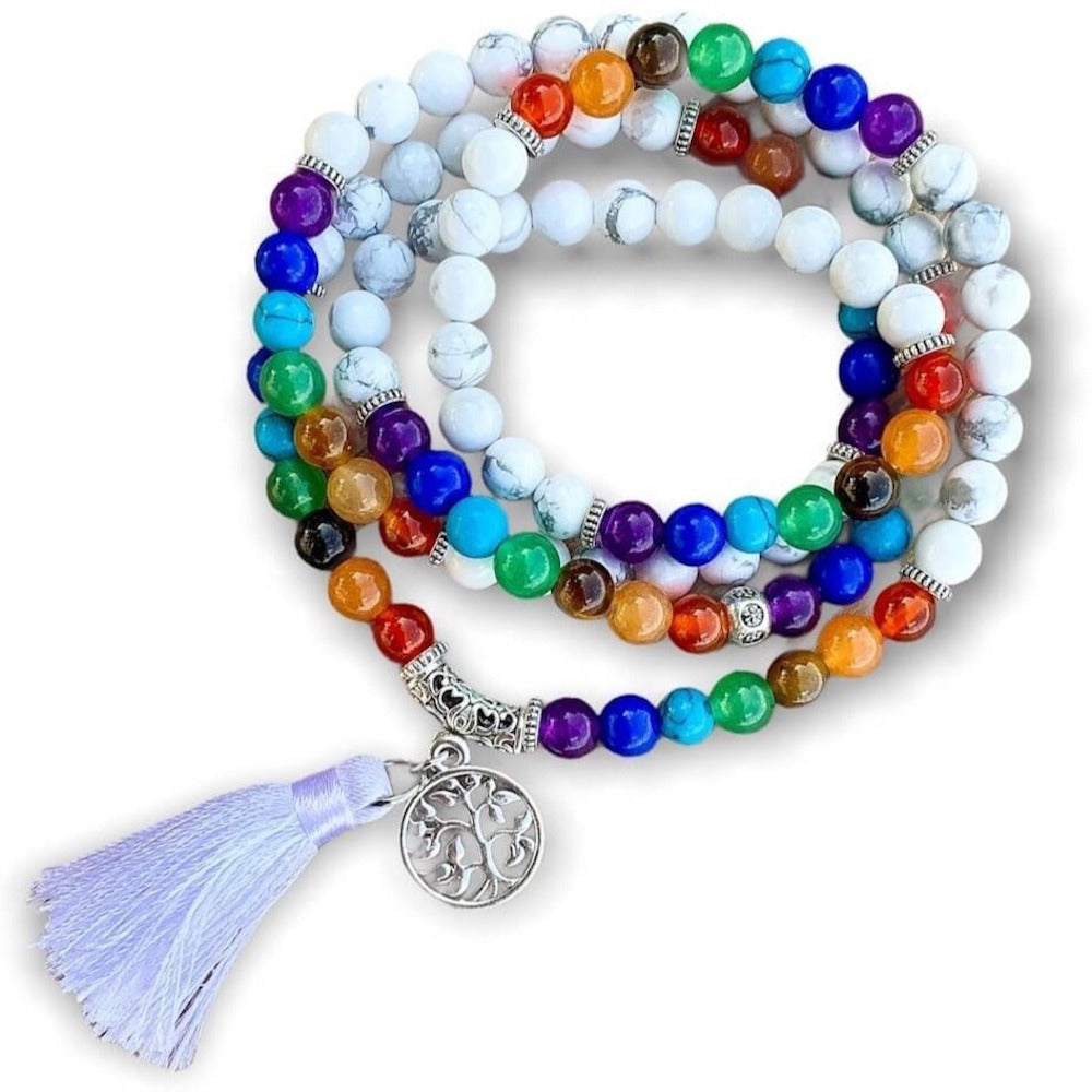 Howlite--7-Chakra-Prayer-Necklace. Shop beautiful hand crafted Seven Chakra Payer Mala Beads Necklace, Chakra Jewelry. High quality Prayer Beads Necklace at Magic Crystals. Magiccrystals.com Inspiring People To Practice Yoga and Meditation. Check out our Mala Necklaces Collection. Mala beads are a string of beads that are used in a meditation practice.