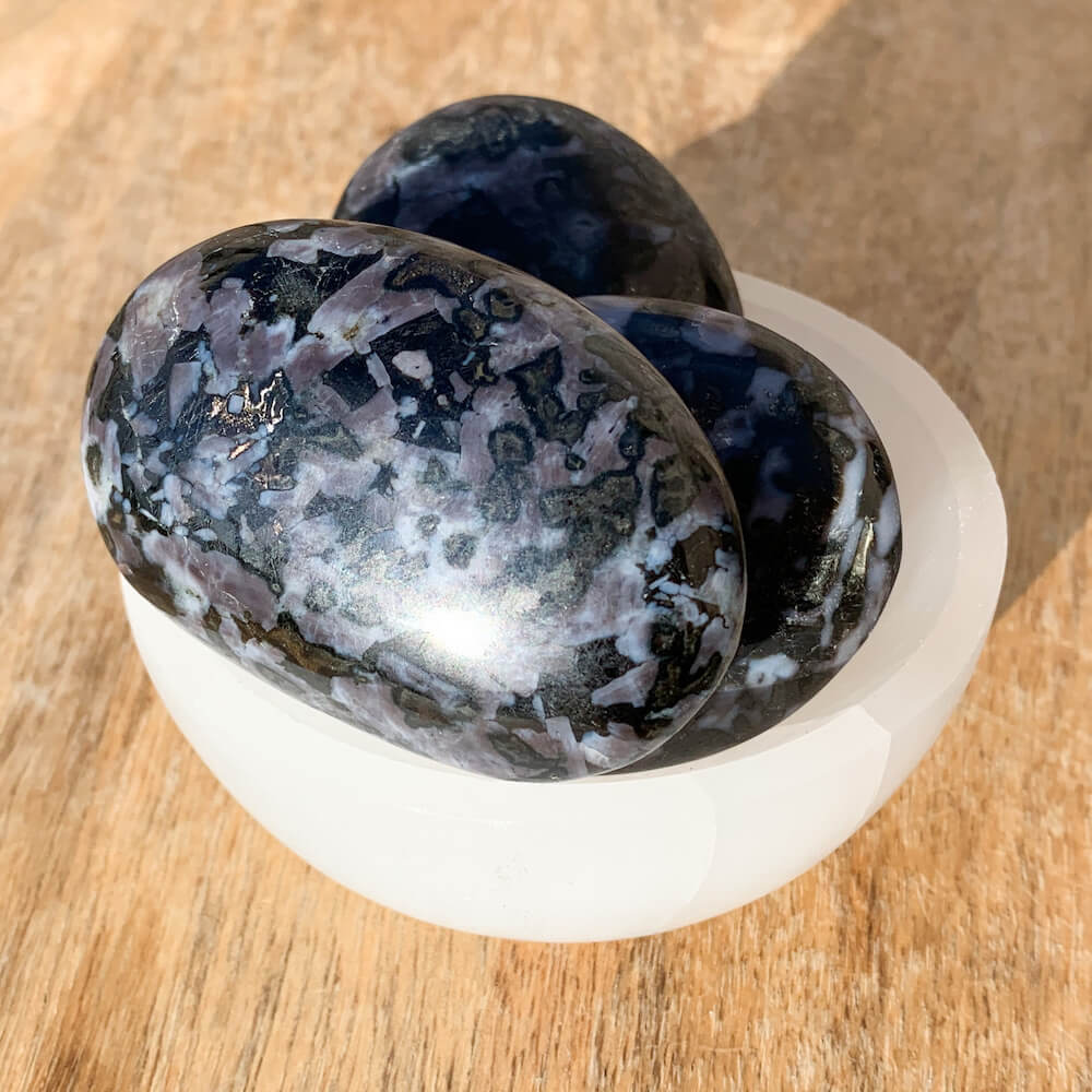 Looking for Madagascan Indigo Gabbro palm Stone? Shop for Mystic Merlinite, Indigo Gabbro polished palm Stones, Pocket Stone, Natural, Polished at Magic crystals. Mystic Merlinite is one of the newest meditation tools we all should have with us. FREE SHIPPING available. Indigo Gabbro Palm Stone, merlinite, Gabbro palm
