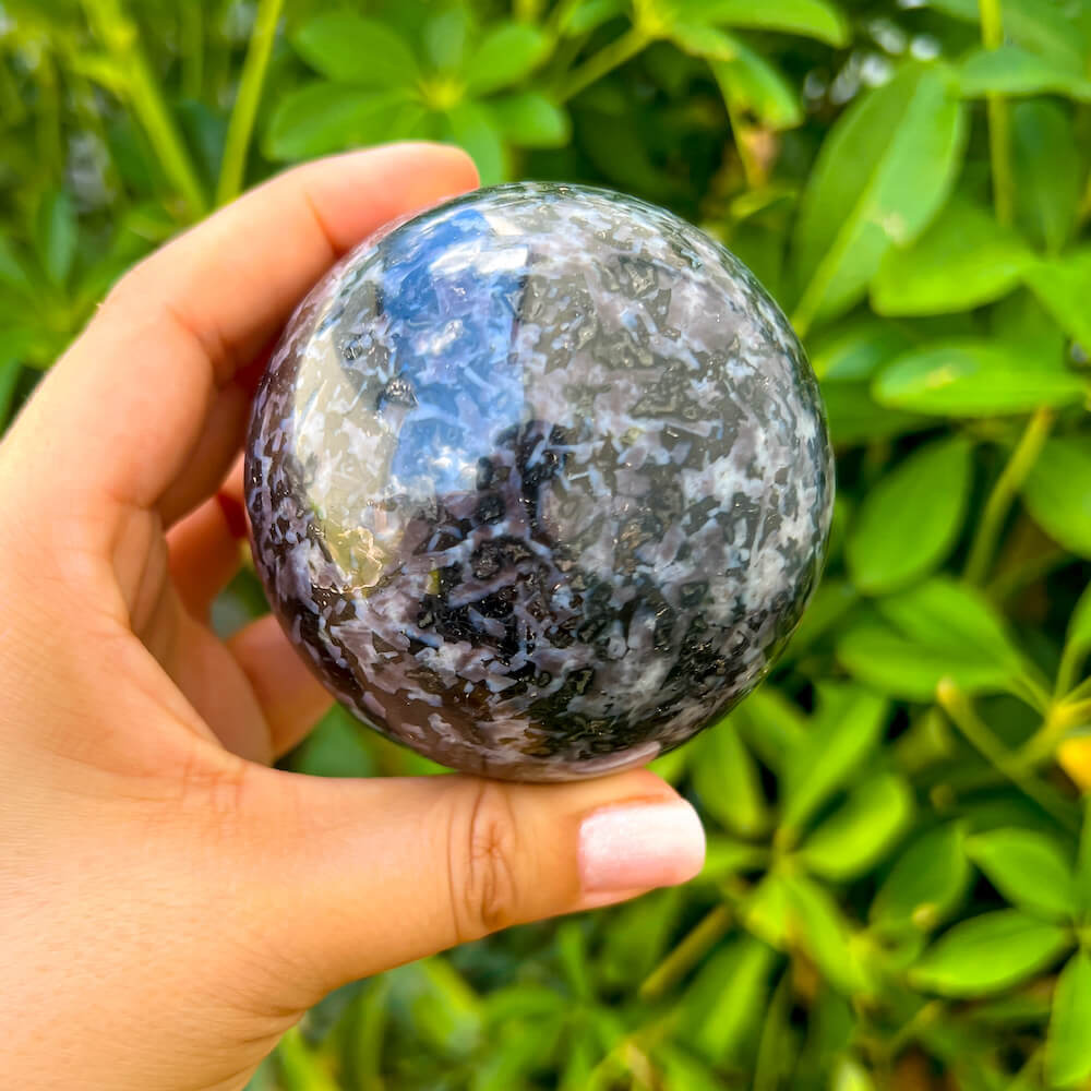 Looking for Indigo Gabbro Sphere? Shop for Mystic Merlinite, Indigo Gabbro Sphere Stones, Pocket Stone, Natural, Polished at Magic crystals. Mystic Merlinite is one of the newest meditation tools we all should have with us. FREE SHIPPING available.    Indigo-Gabbro-Sphere-A