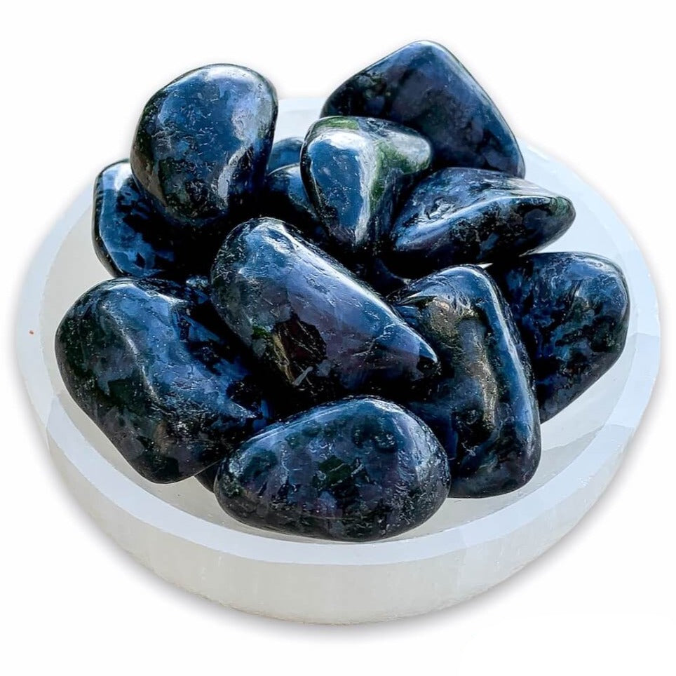 Looking for Indigo Gabbro Tumbled Stone? Shop for Mystic Merlinite, Indigo Gabbro Tumbled Stones, Pocket Stone, Natural, Polished at Magic crystals. Mystic Merlinite is one of the newest meditation tools we all should have with us. FREE SHIPPING available. 