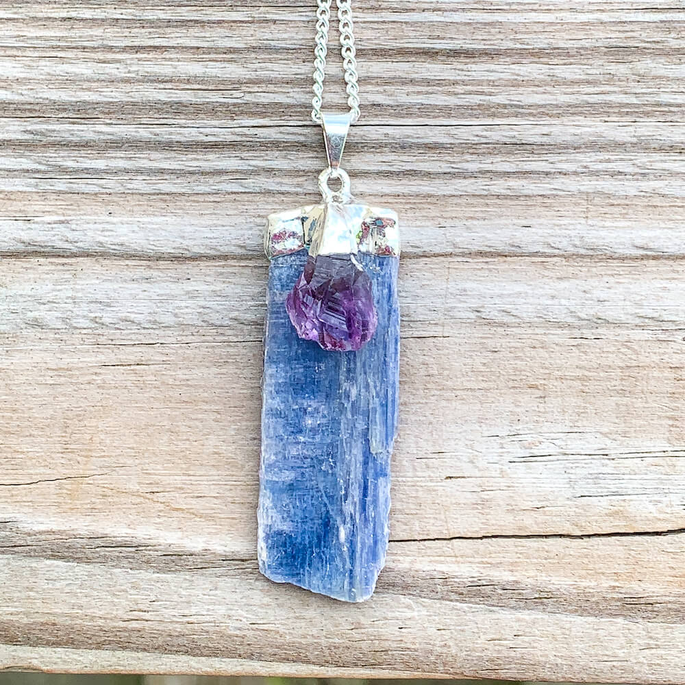 Blue Kyanite Necklace. Shop for handmade Raw Kyanite Pendant Amethyst Necklace - Raw Kyanite Jewelry at Magic Crystals. Blue Crystal Necklace are perfect for men or women. Raw Crystal Necklace - Raw Stone Necklace - Bohemian Pendant with FREE SHIPPING available. Christmas gift, birthday present.