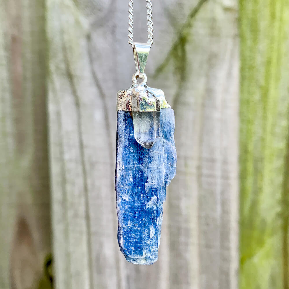 Blue Kyanite Necklace. Shop for handmade Raw Kyanite Pendant Clear Quartz Necklace - Raw Kyanite Jewelry at Magic Crystals. Blue Crystal Necklace are perfect for men or women. Raw Crystal Necklace - Raw Stone Necklace - Bohemian Pendant with FREE SHIPPING available. Christmas gift, birthday present.