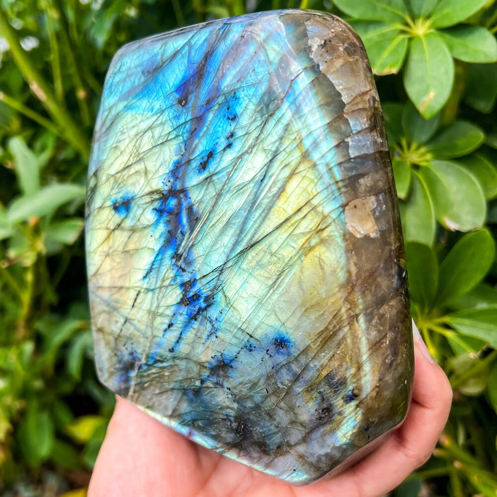 Looking for polished labradorite? Shop at Magic Crystals for Labradorite Stone Slab - Free Form Labradorite. Empathetic, supporting, and glowing with soft, pretty color, this Labradorite palm stone is a wonderful crystal gift for someone you love.  FREE SHIPPING AVAILABLE. Labradorite-Freeform-B