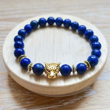 Looking for Lapis Lazuli Jewelry? Shop at Magic Crystals for Lapis Lazuli Leopard Bracelet.  We carry Inner Power Golden Leopard Bracelets for ORDER • FOCUS • COMMUNICATION. Made with 8mm beads. 100% Unique Product of Nature. FREE SHIPPING AVAILABLE.